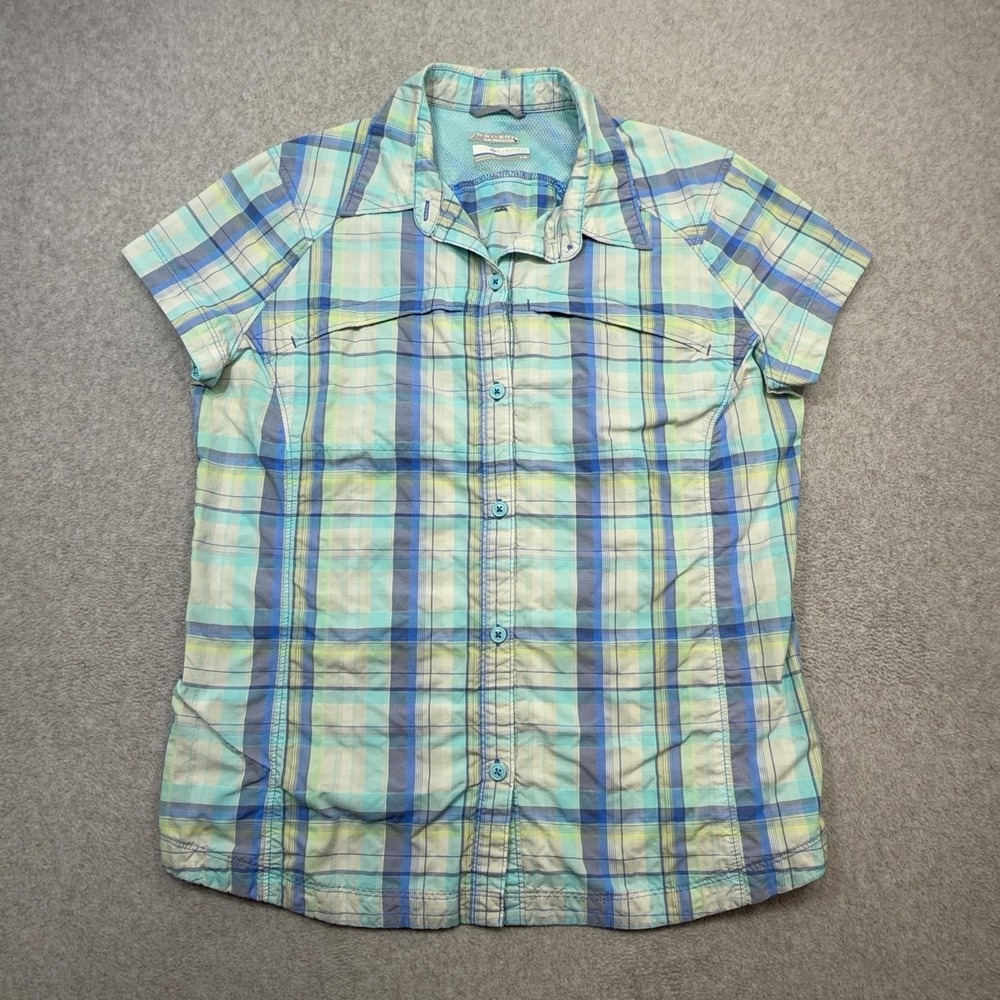 Columbia Silver Ridge Shirt Womens Large Blue Plaid Short Sleeve Vented Fishing